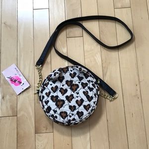 NWT Betsy Johnson small round shoulder bag purse quilted heart leopard design